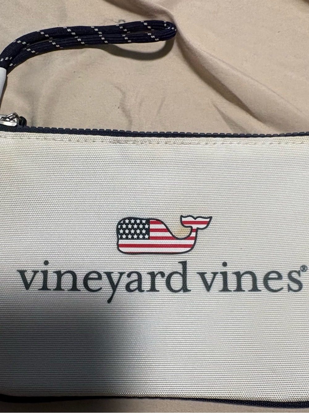 Vineyard Vines Cream Canvas Wristlet with Navy Trim and American Flag Whale